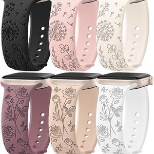 38 40 41 45 49 mm S/M 6 Pack Floral Engraved Silicone Bands